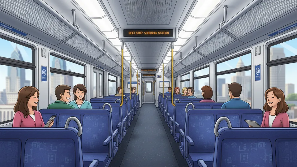 Interior of commuter rail car with empty seats and overhead displays