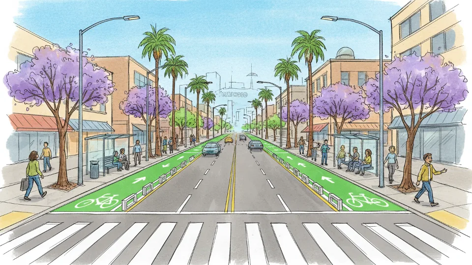 Street design rendering showing bike lanes, sidewalks, and traffic improvements on urban Los Angeles avenue