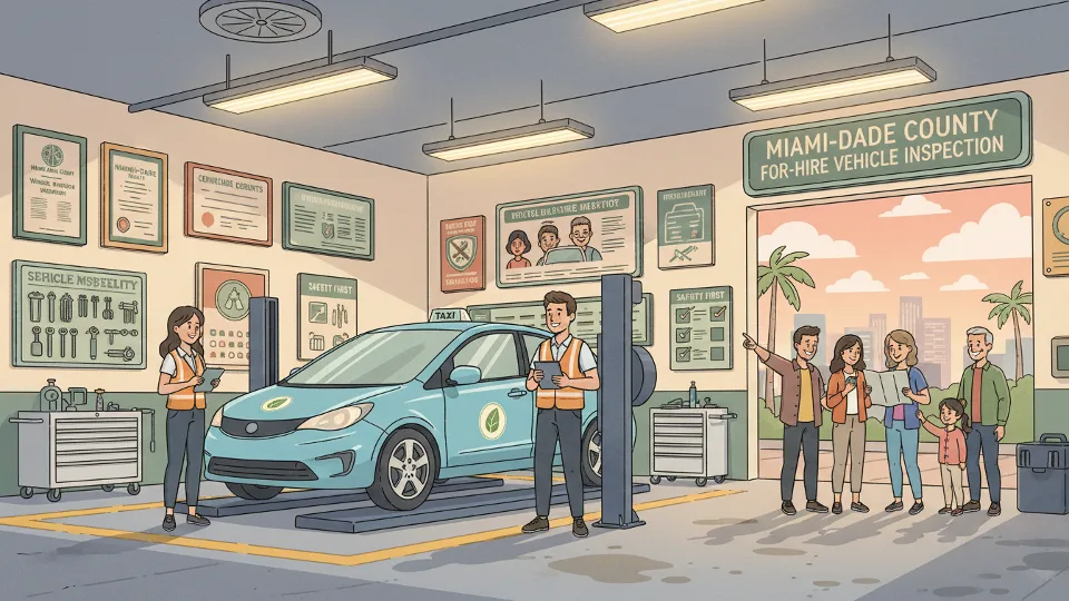 For-hire vehicle inspection station in Miami-Dade County showing vehicle undergoing safety check