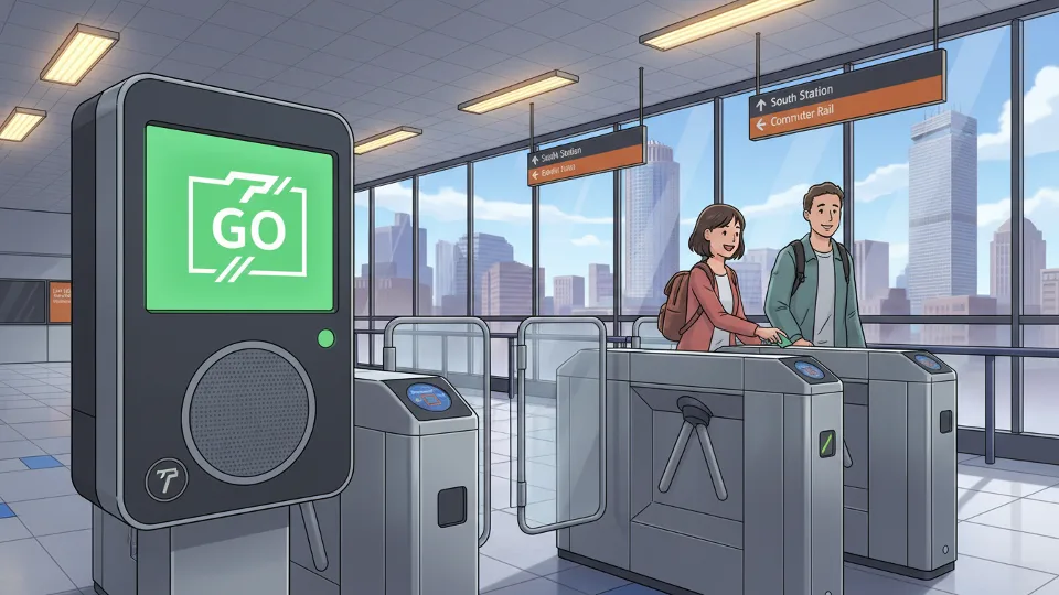 MBTA fare card reader at station entrance with Boston skyline visible in background