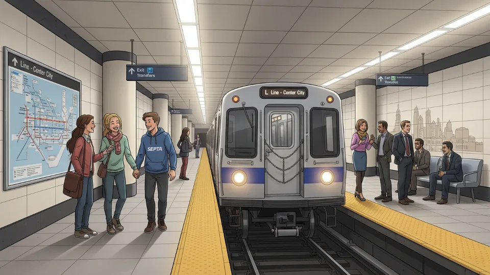 SEPTA L Line train at underground station platform with passengers waiting. Alt text: SEPTA L Line subway train at Philadelphia station platform. Composition: Front angle showing train approaching platform with wayfinding signs visible, interior station lighting.
