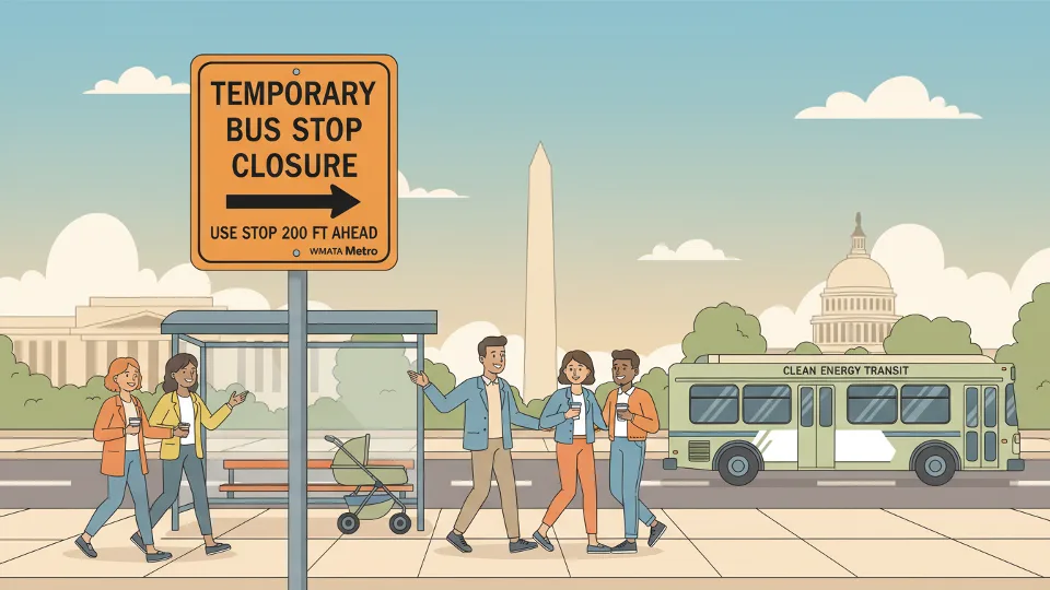 Temporary bus stop closure sign with directional arrow pointing to alternate location