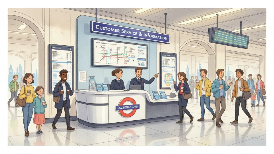 Customer service help desk at major London transit station with information displays