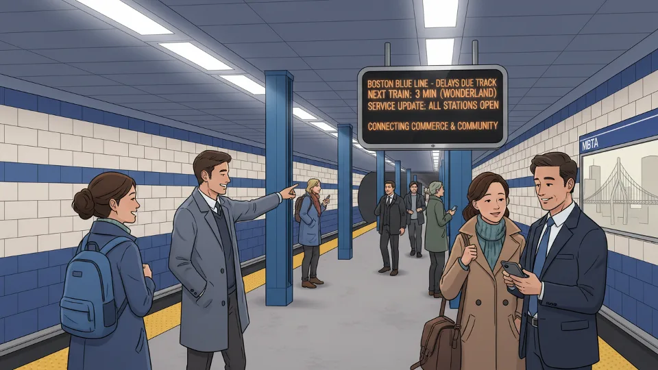 Boston MBTA Blue Line platform with digital display showing delay information and waiting commuters