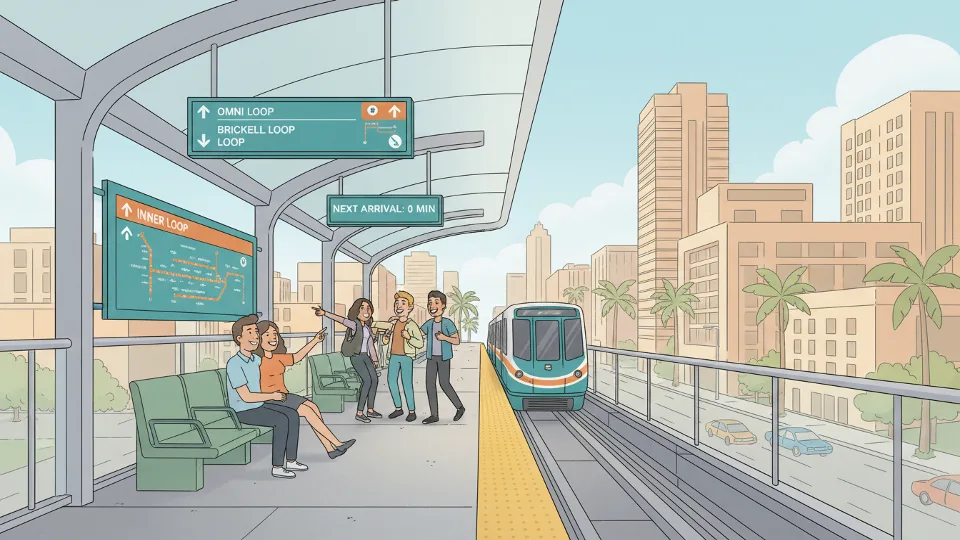Metromover station platform with wayfinding signs and covered waiting area