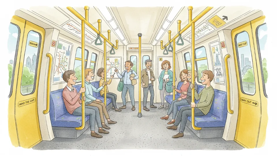 Interior view of London Underground District Line carriage showing yellow handrails and grab poles with safety signage visible, passengers standing and holding support bars