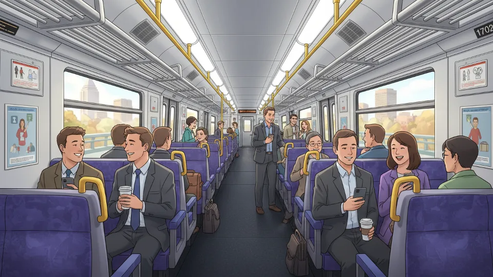 MBTA Worcester Line commuter rail train interior showing passenger seating area and aisle during morning commute. Alt text: Interior of MBTA Worcester Line commuter rail train with passenger seats. Composition: Wide angle view down train aisle showing rows of seats, overhead luggage racks, and typical commuter rail car features.