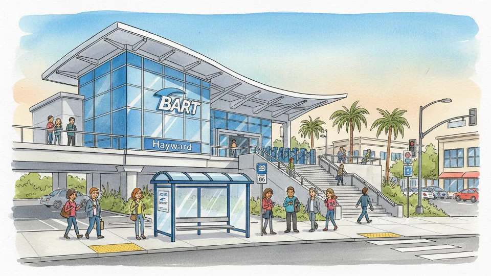 Hayward BART station entrance with AC Transit bus stop in foreground