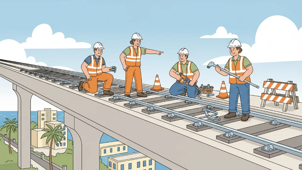 Workers replacing rail fasteners on Miami-Dade Metrorail elevated track section, showing close-up of infrastructure maintenance equipment and new track components