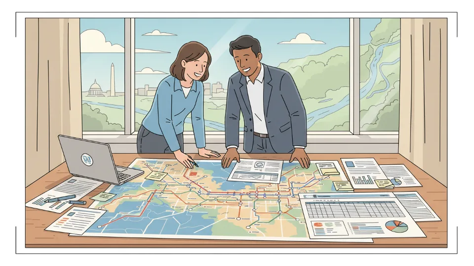 Transit equity analysis documents and demographic maps on desk