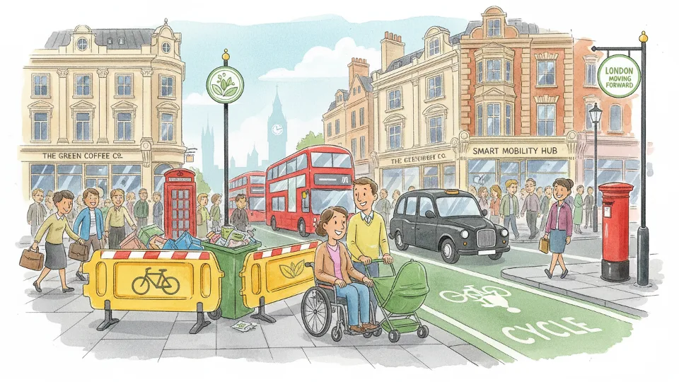 Wheelchair user and parent with pushchair navigating around pavement obstruction on busy London street