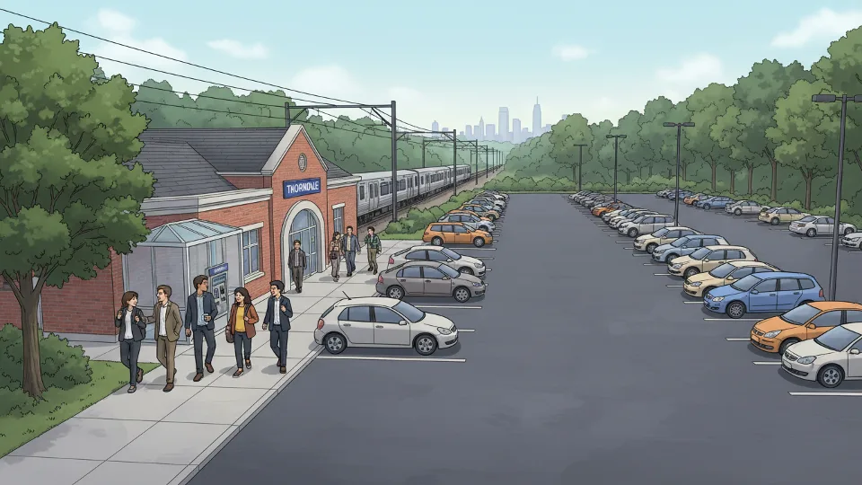 Thorndale Station exterior showing station entrance and parking area with commuter vehicles