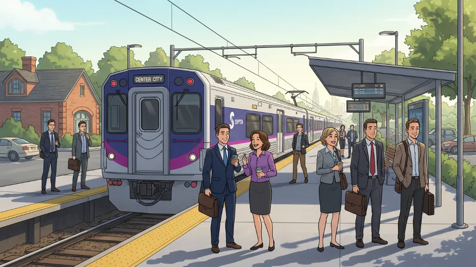 Regional rail train at suburban Philadelphia station platform during morning commute with passengers waiting