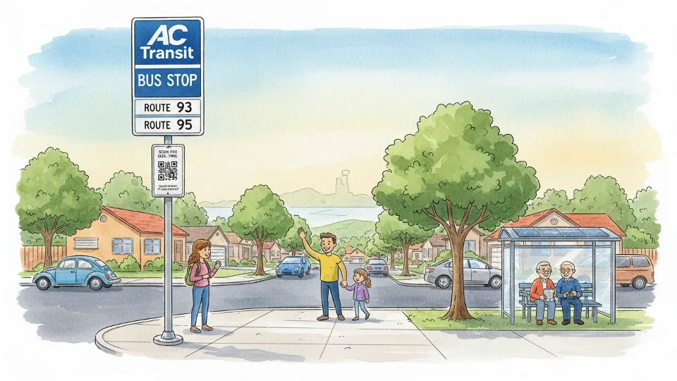 AC Transit bus stop sign at Silva Avenue and Thomas Avenue in Hayward with route information displayed