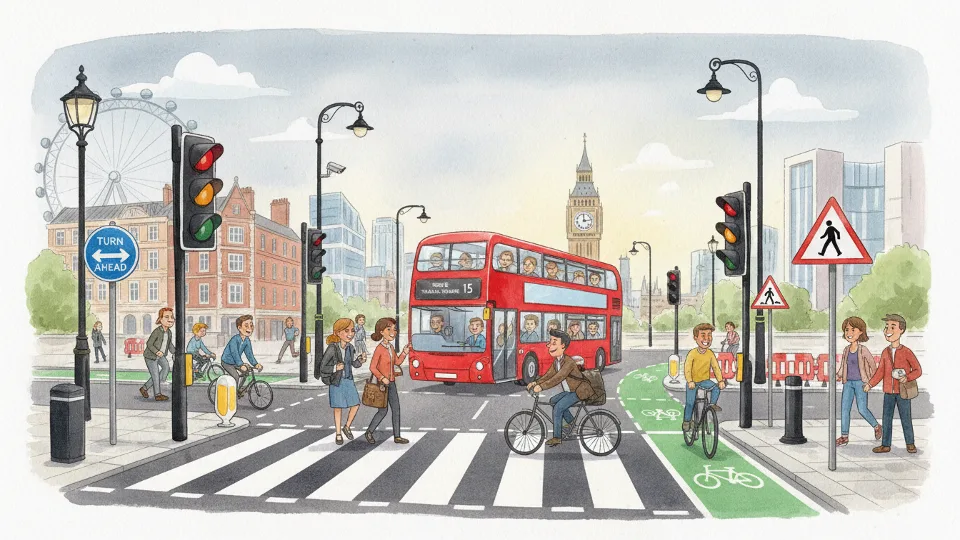 Traffic signal and intersection in London with bus approaching showing road safety infrastructure