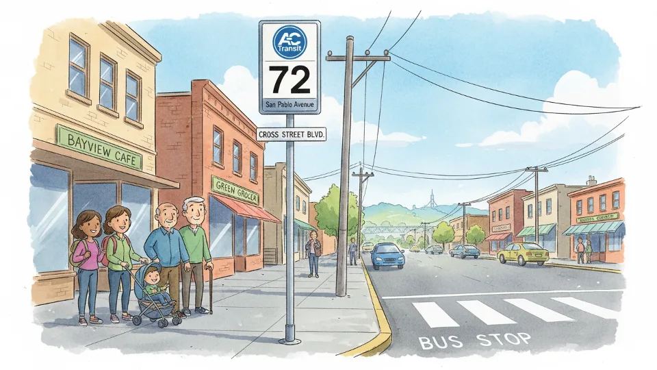 San Pablo Avenue bus stop sign showing AC Transit route 72 information with street intersection visible, depicting typical stop infrastructure along the affected corridor