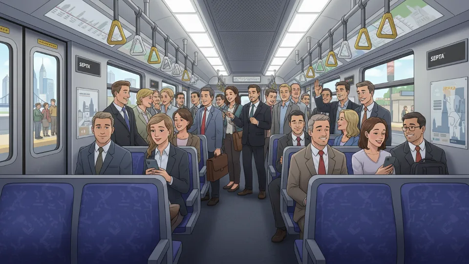 SEPTA train interior with commuters during morning rush hour service