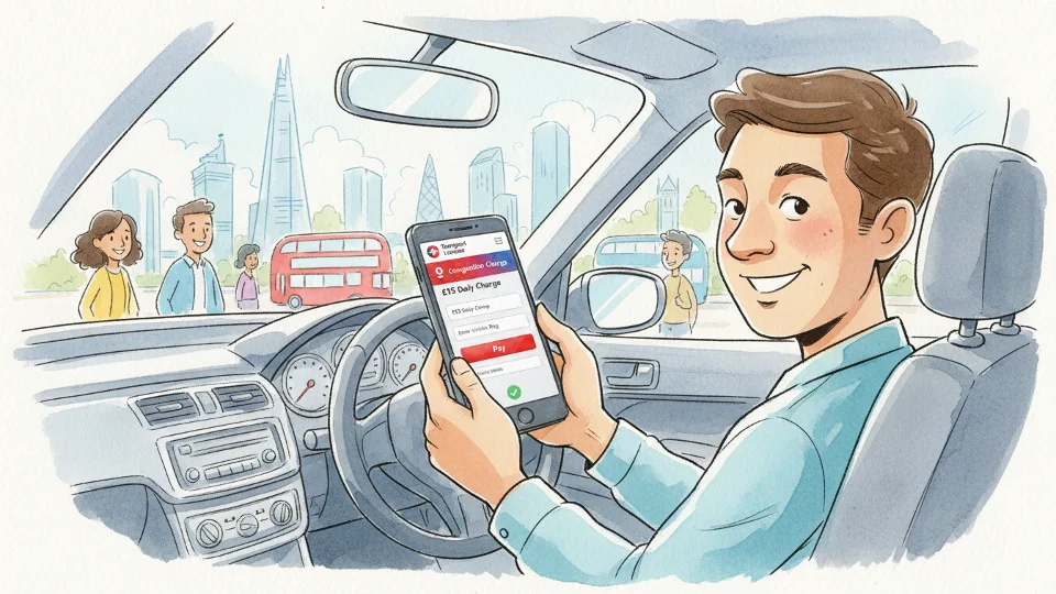 Driver using smartphone to access Transport for London congestion charge payment website