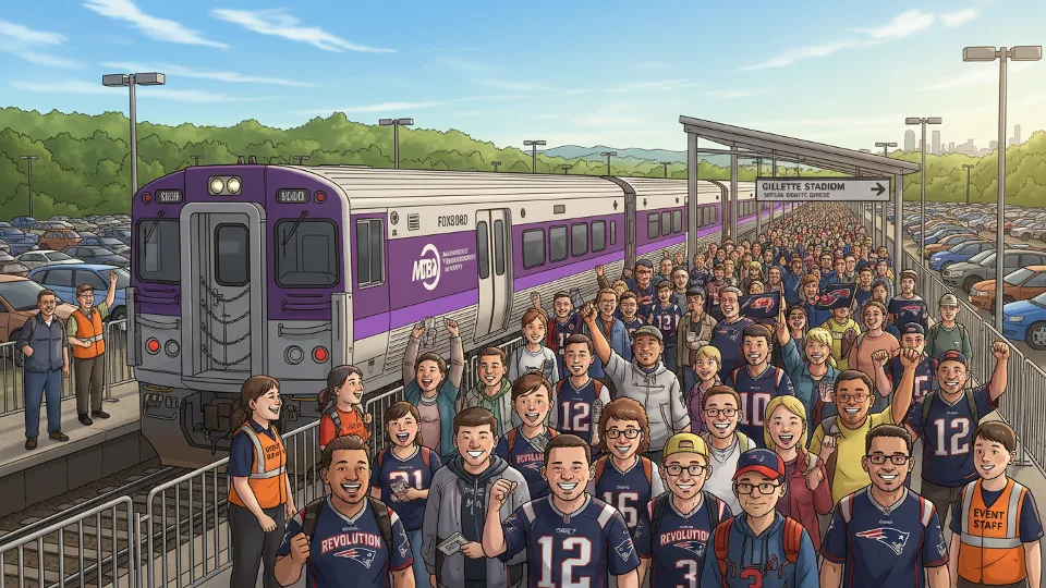 Foxboro Station platform with commuter rail train during special event service to Gillette Stadium
