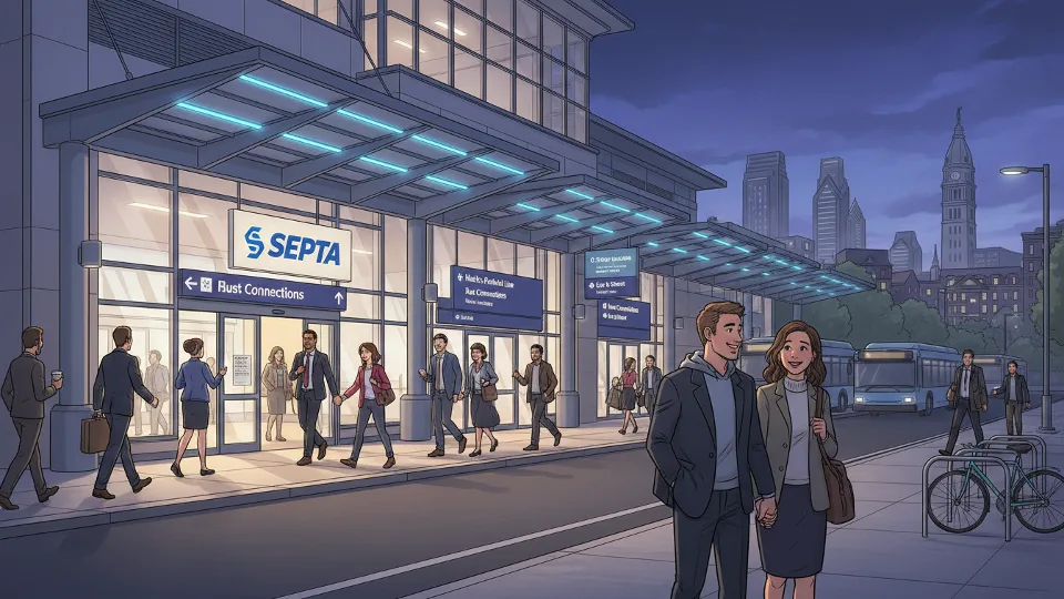 Frankford Transit Center station entrance with SEPTA signage and evening commuters