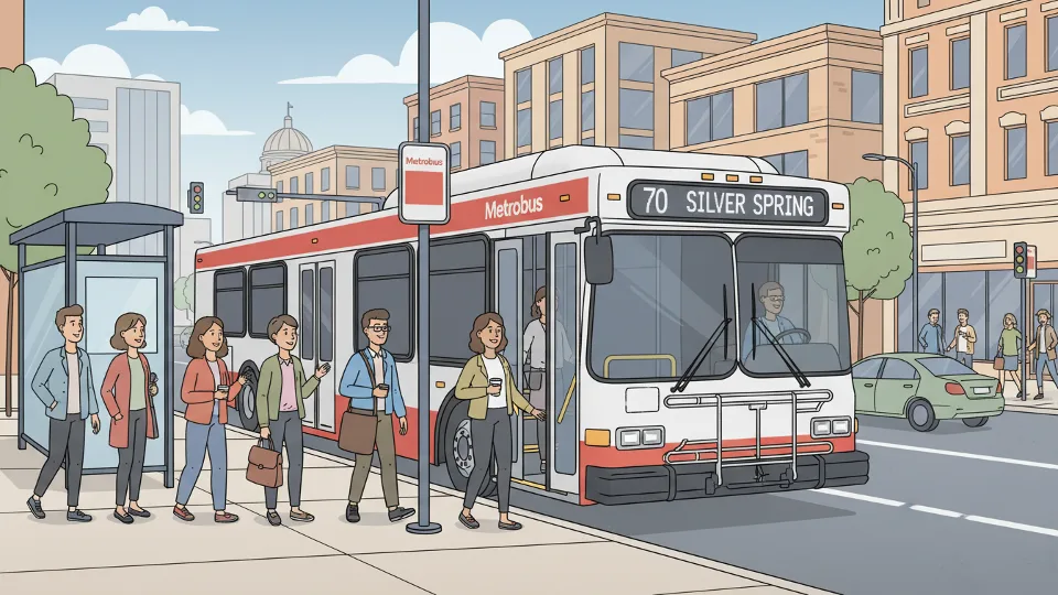 Metro bus at downtown stop with passengers boarding