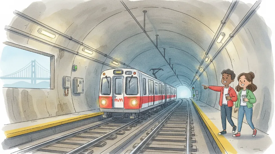Muni Metro subway tunnel with train approaching, showing track infrastructure