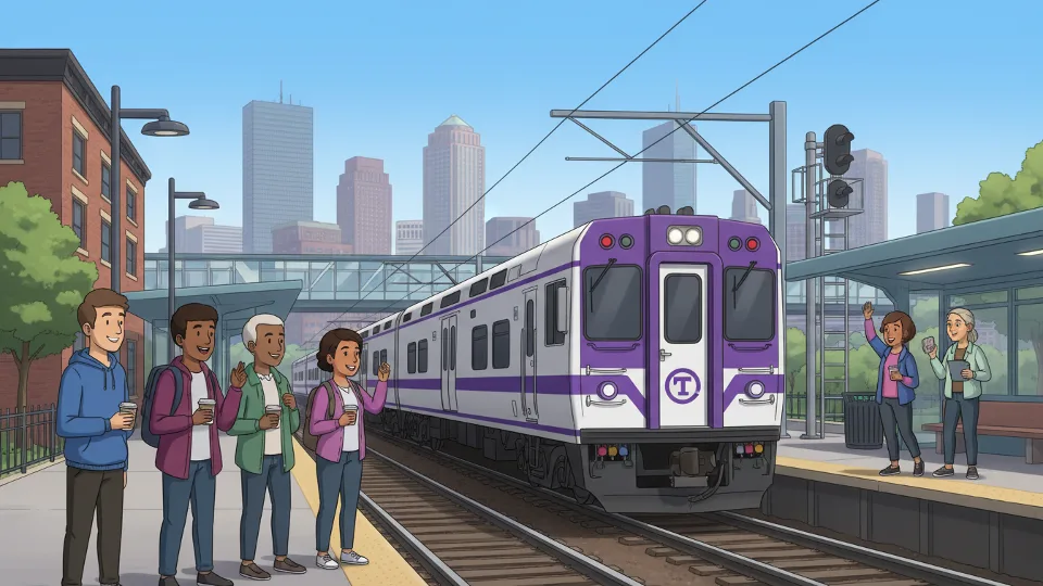 MBTA Worcester Line commuter rail train approaching station with downtown Boston skyline in background