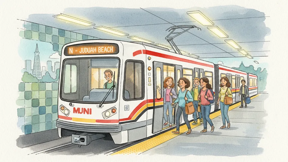 Muni Metro streetcar at downtown station with passengers boarding