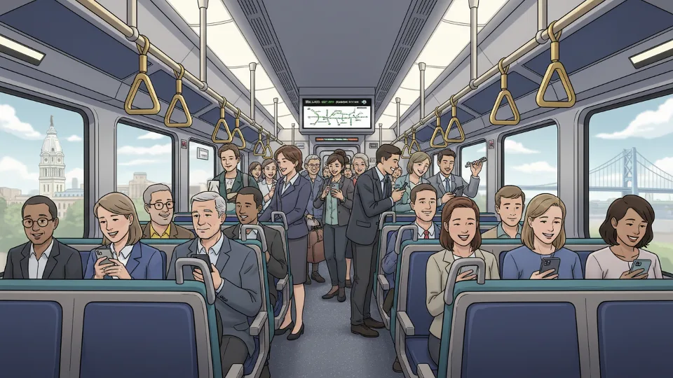 Philadelphia regional rail train interior showing commuters standing and seated during delayed service