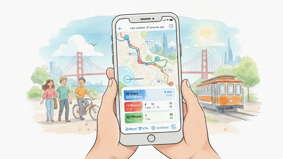 Smartphone screen displaying real-time bus tracking interface with multiple route options and arrival times