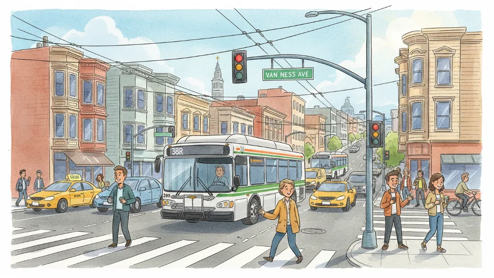Traffic intersection in San Francisco with buses and vehicles. Alt text: San Francisco street intersection showing Muni bus in mixed traffic conditions. Composition: Wide angle showing intersection with multiple vehicles, emphasizing traffic congestion affecting transit.