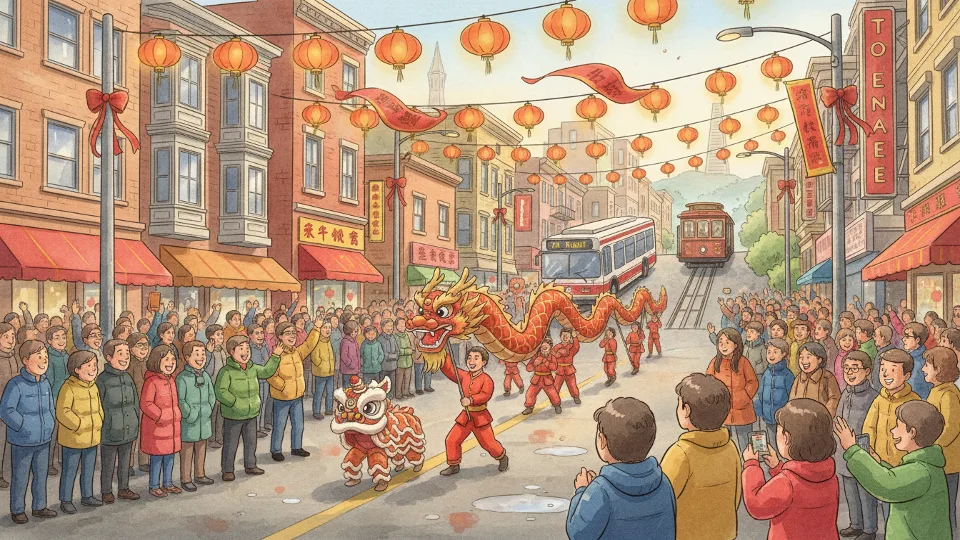 Crowded San Francisco street during Chinese New Year parade with transit vehicles in background