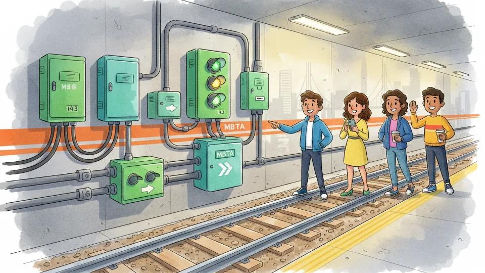Close-up of subway signal equipment and track infrastructure at MBTA station, showing technical systems that control train operations