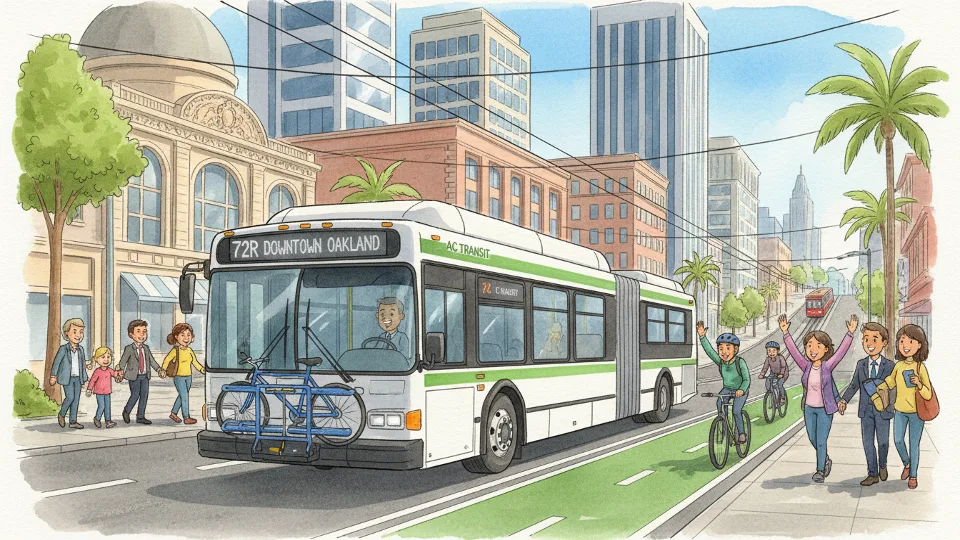 Transit bus on urban street in Bay Area with downtown buildings in background