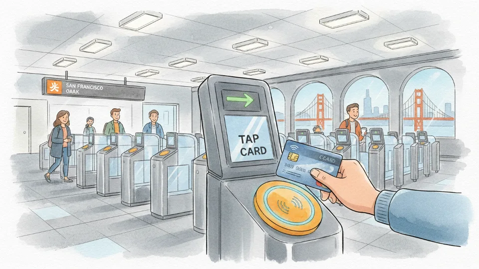 Bay Area commuter tapping contactless credit card at transit fare gate, demonstrating the payment consistency required for transfer discounts
