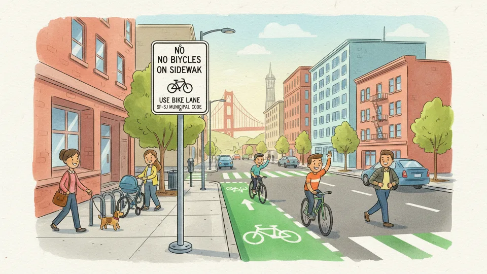 Regulatory sign showing bicycle rules on urban sidewalk with bike lane visible on adjacent street