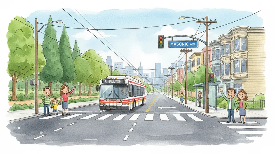 San Francisco Muni bus on Fulton Street approaching Masonic Avenue intersection in daylight