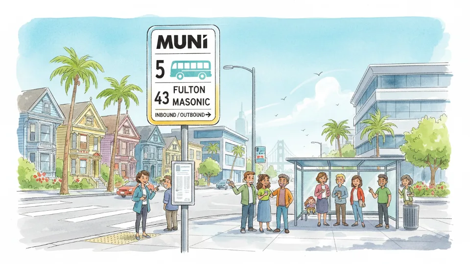 Muni bus stop sign showing route numbers 5 and 43 at San Francisco street intersection