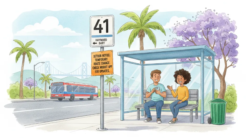 Line 41 bus stop sign with detour notice posted for riders heading to Hayward BART