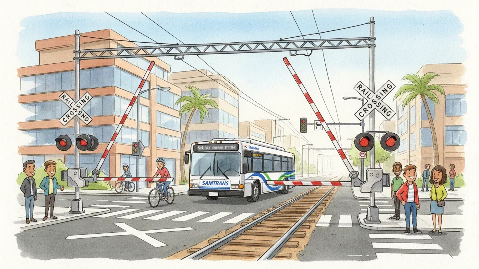 Railroad crossing with transit bus waiting, showing crossing gates and warning signals