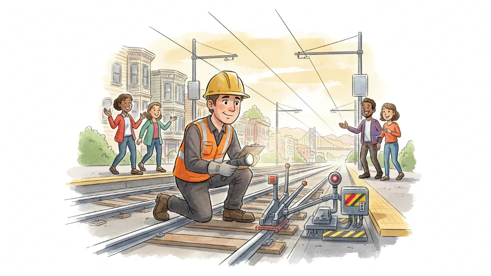 Muni Metro maintenance worker inspecting track switch equipment