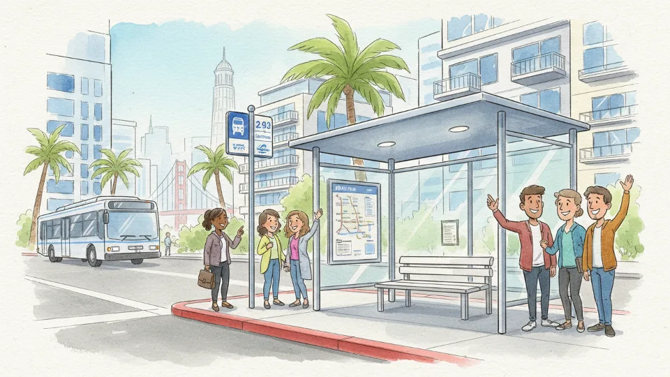 Bus stop sign and shelter on urban street with empty boarding area