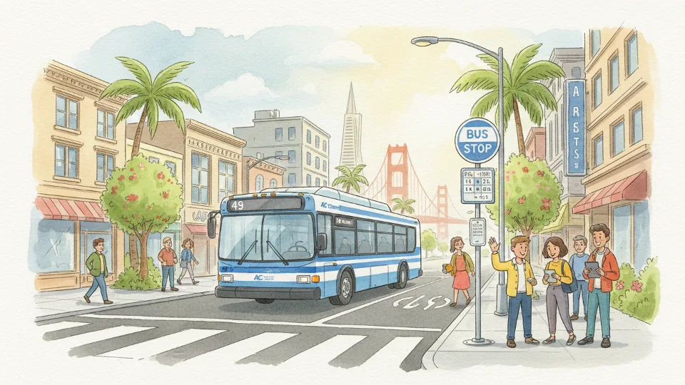 Transit bus passing stopped bus stop sign in urban Bay Area setting