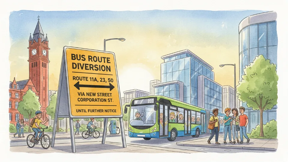Bus route diversion sign showing alternate path in West Midlands