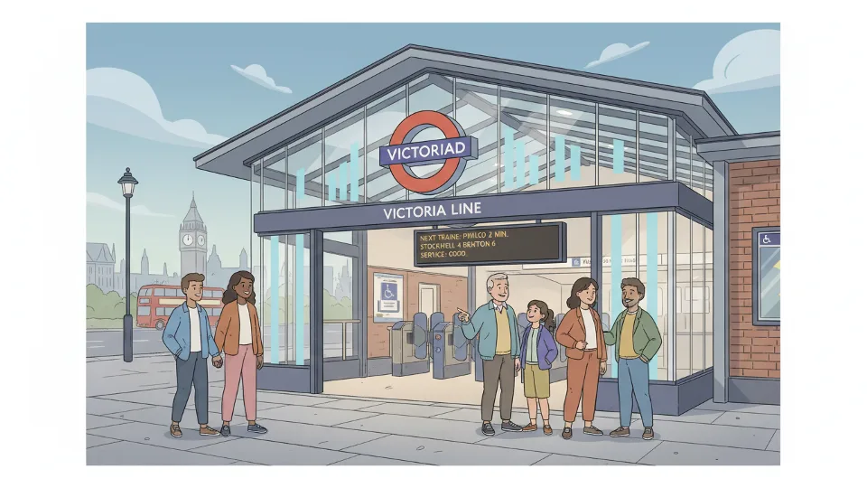 London Underground Victoria Line station entrance with service information board