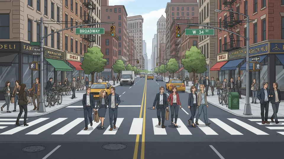 Manhattan street scene showing reduced traffic congestion with pedestrians crossing and local businesses visible along sidewalk