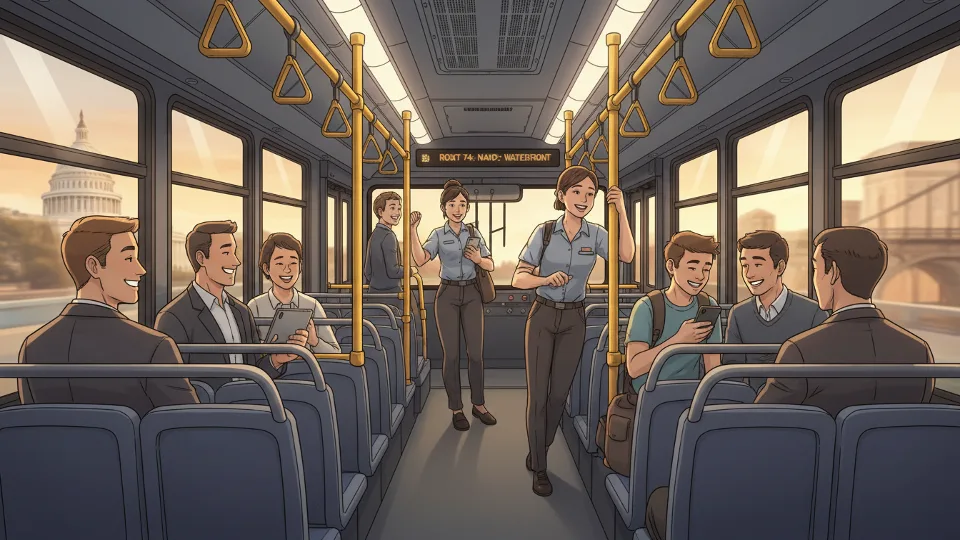 Interior view of metro bus with passengers during evening commute showing typical ridership conditions