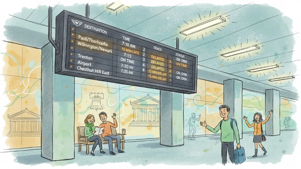 Digital departure board at SEPTA station showing delayed train status and updated arrival times