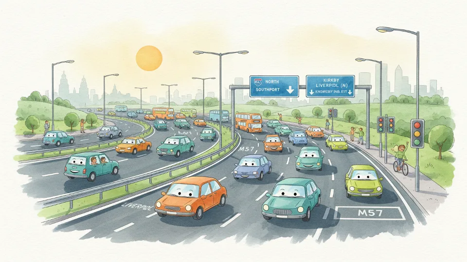 M57 Junction 2 roundabout approach with Liverpool Road westbound lanes and morning traffic