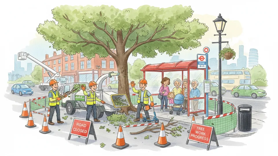 Tree maintenance work near urban bus stop with safety equipment and road closure signs